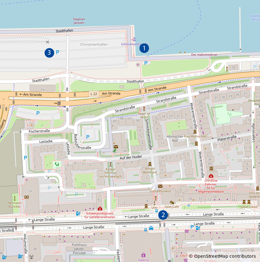 Map of Rostock's City Harbor with locations: 1. Berth of the boat / 2. Tram stop "Lange Straße" / 3. Parking space at "City Harbor".